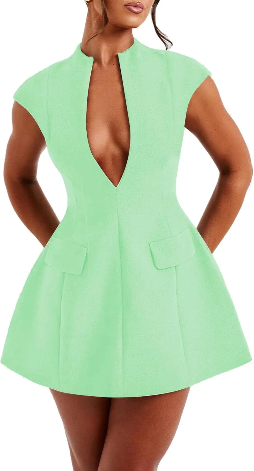 LuFeng Women's Summer Sexy Cap Sleeve Deep V Neck Zipper A-line Mini Dress Hollow Bodycon Night Out Party Dress