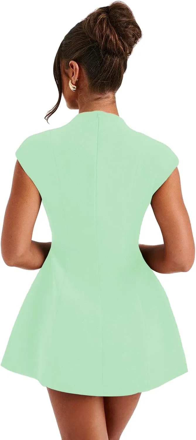 LuFeng Women's Summer Sexy Cap Sleeve Deep V Neck Zipper A-line Mini Dress Hollow Bodycon Night Out Party Dress