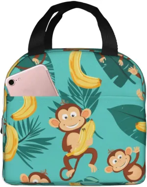 Lunch Bag for Women Men Reusable Insulated Lunch Box, Cute Monkey With Banana Tropical Jungle Handbags Case High Capacity for Work, Travel, Outdoor