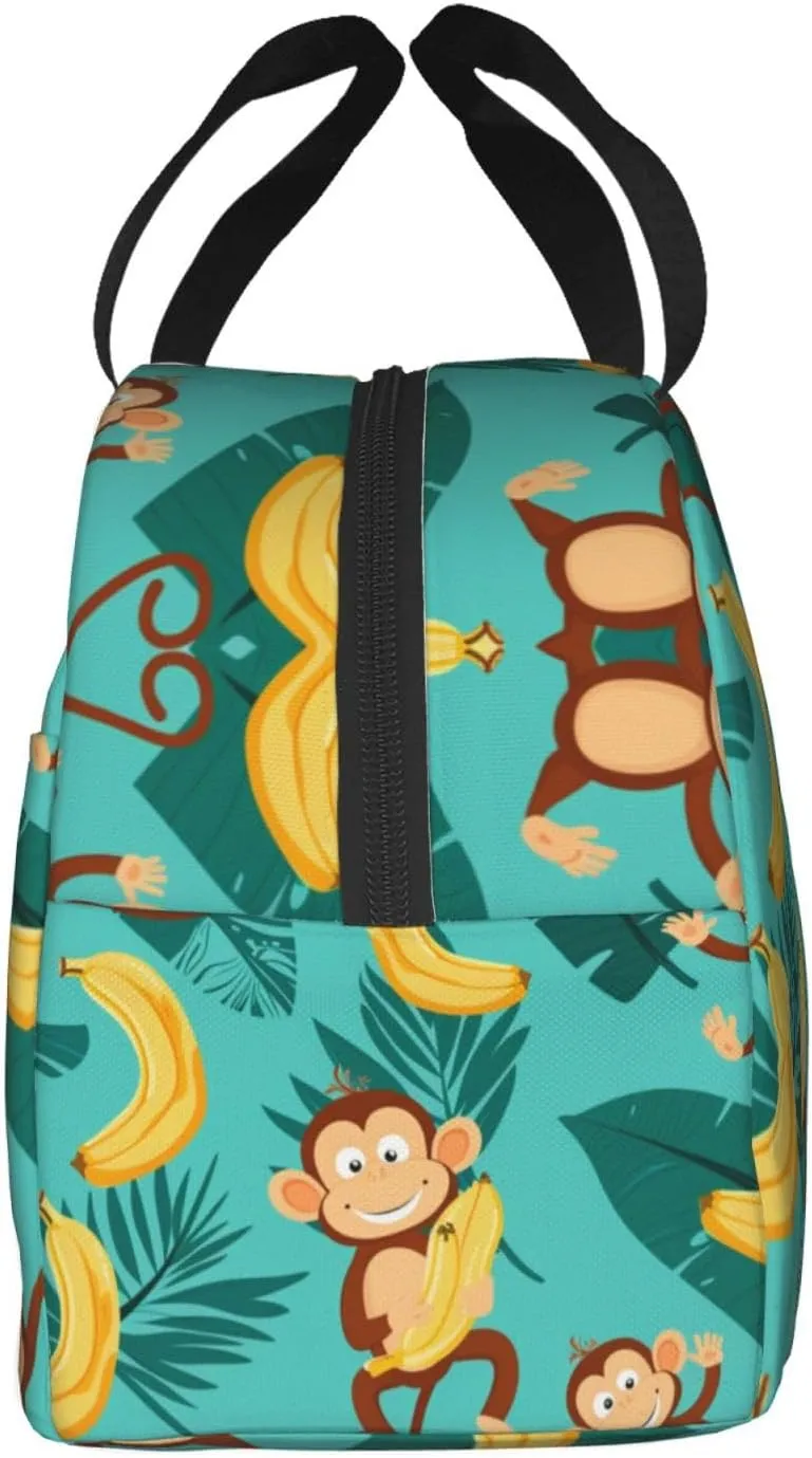Lunch Bag for Women Men Reusable Insulated Lunch Box, Cute Monkey With Banana Tropical Jungle Handbags Case High Capacity for Work, Travel, Outdoor