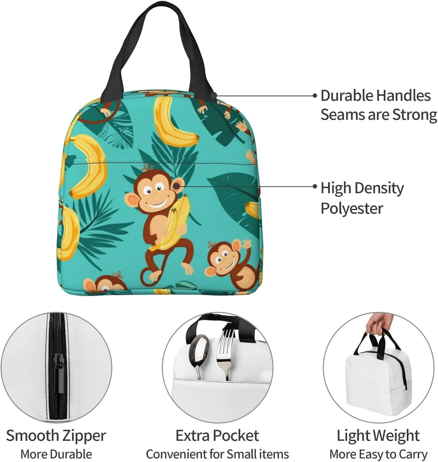 Lunch Bag for Women Men Reusable Insulated Lunch Box, Cute Monkey With Banana Tropical Jungle Handbags Case High Capacity for Work, Travel, Outdoor