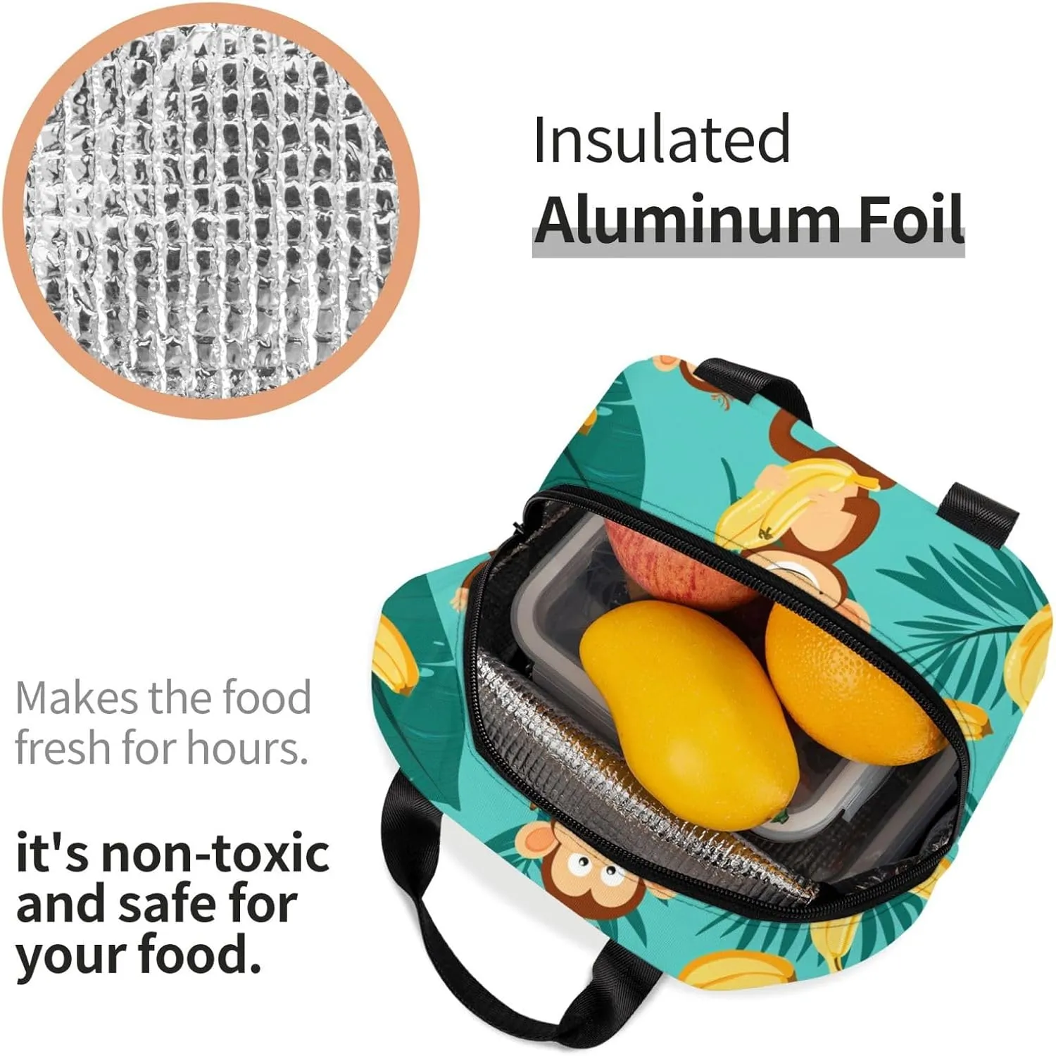 Lunch Bag for Women Men Reusable Insulated Lunch Box, Cute Monkey With Banana Tropical Jungle Handbags Case High Capacity for Work, Travel, Outdoor