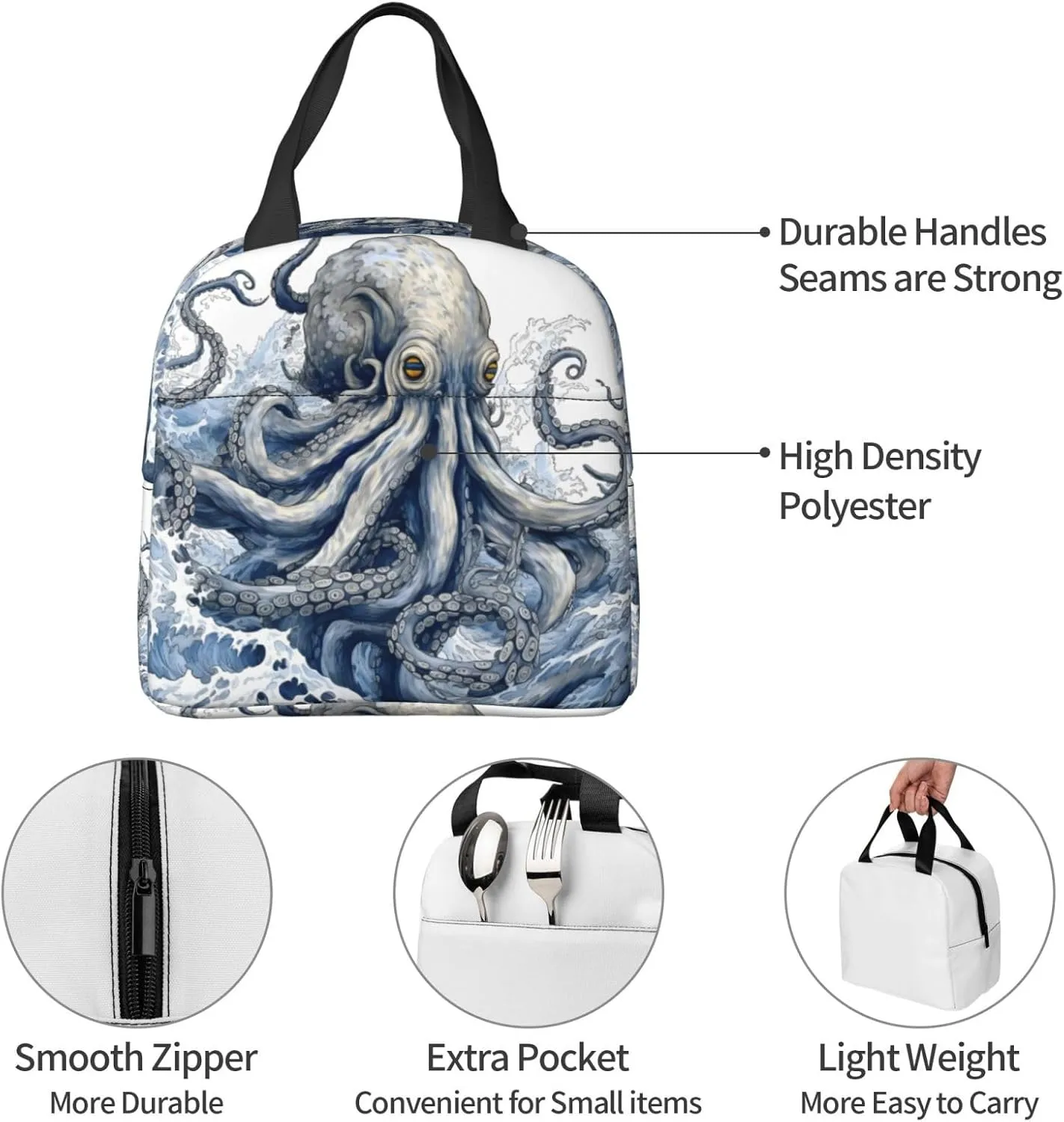 Lunch Bag for Women Men Reusable Insulated Lunch Box, Fantasy Sea World Adventure Kraken Octopus Monster Handbags Case High Capacity for Work, Travel, Outdoor