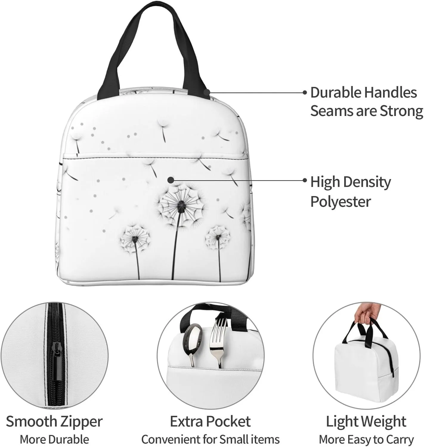 Lunch Bag for Women Men Reusable Insulated Lunch Box, Flying Dandelions Abstract Farmhouse Wildflower Handbags Case High Capacity for Work, Travel, Outdoor