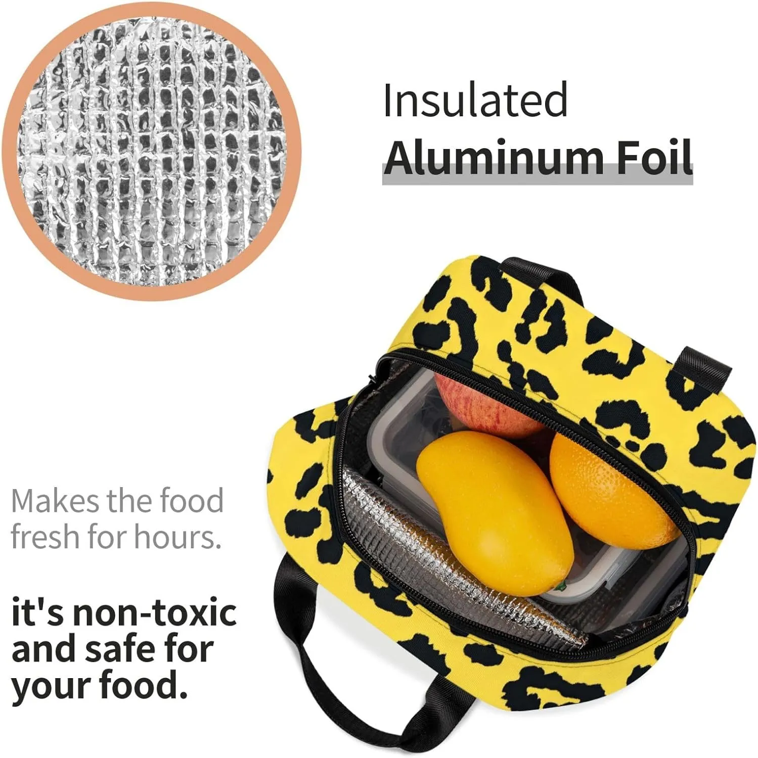 Lunch Bag for Women Men Reusable Insulated Lunch Box, Leopard Print Yellow Background Handbags Case High Capacity for Work, Travel, Outdoor