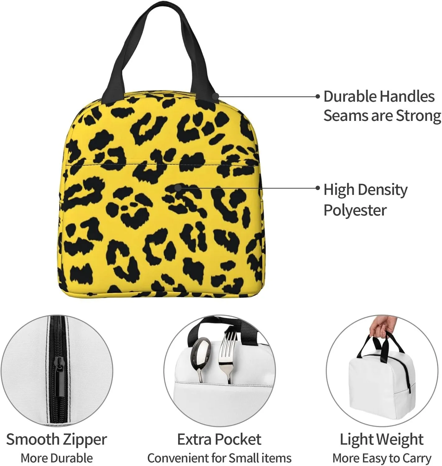 Lunch Bag for Women Men Reusable Insulated Lunch Box, Leopard Print Yellow Background Handbags Case High Capacity for Work, Travel, Outdoor