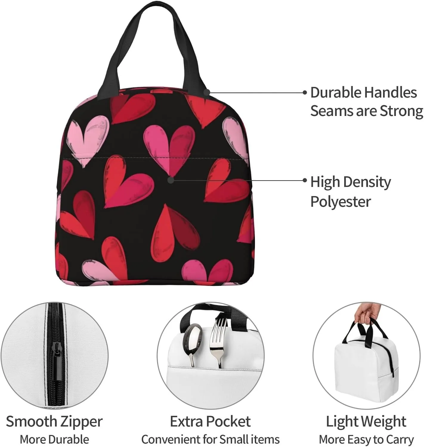 Lunch Bag for Women Men Reusable Insulated Lunch Box, Pink Heart Sweet Love Romantic Handbags Case High Capacity for Work, Travel, Outdoor