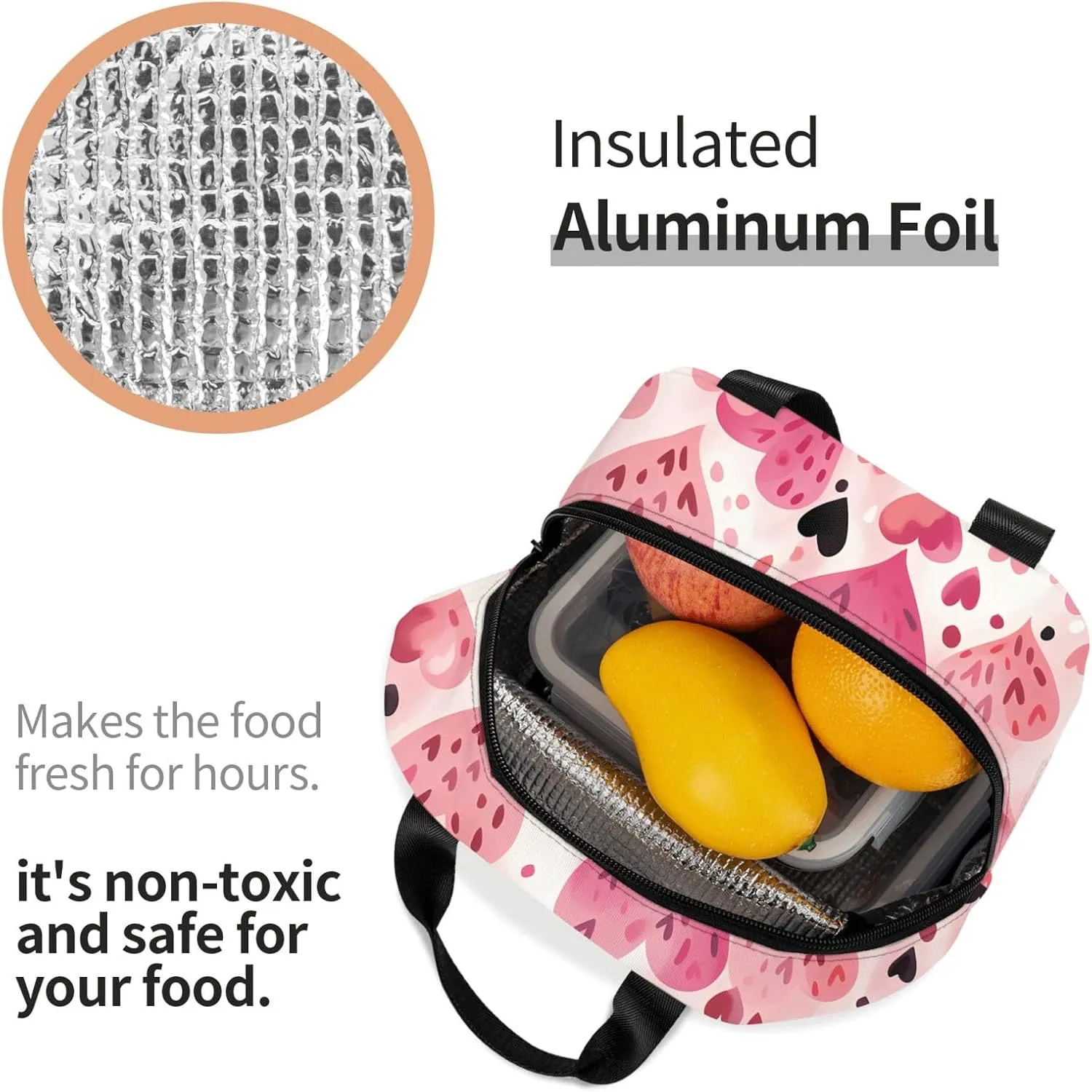 Lunch Bag for Women Men Reusable Insulated Lunch Box, Pink Heart Valentine'S Day Lover Romantic Handbags Case High Capacity for Work, Travel, Outdoor