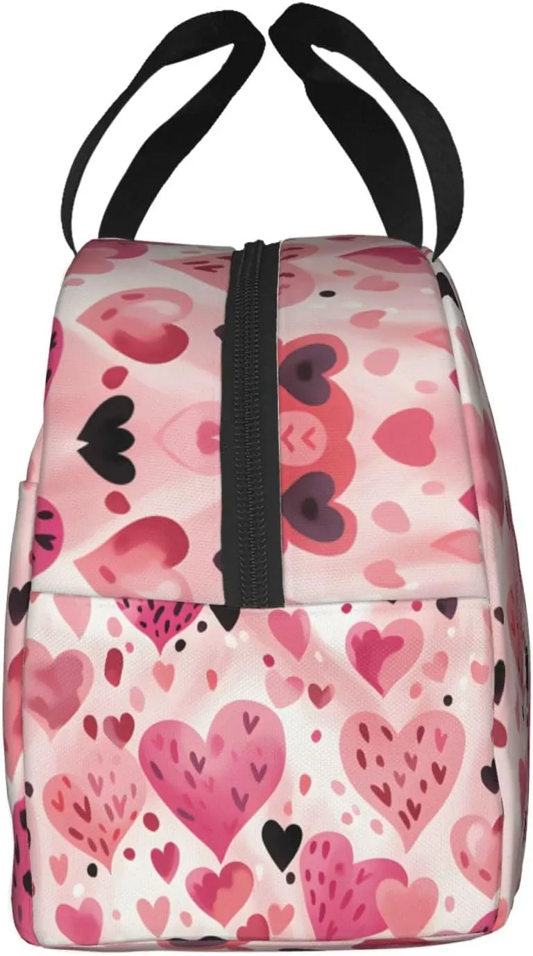 Lunch Bag for Women Men Reusable Insulated Lunch Box, Pink Heart Valentine'S Day Lover Romantic Handbags Case High Capacity for Work, Travel, Outdoor