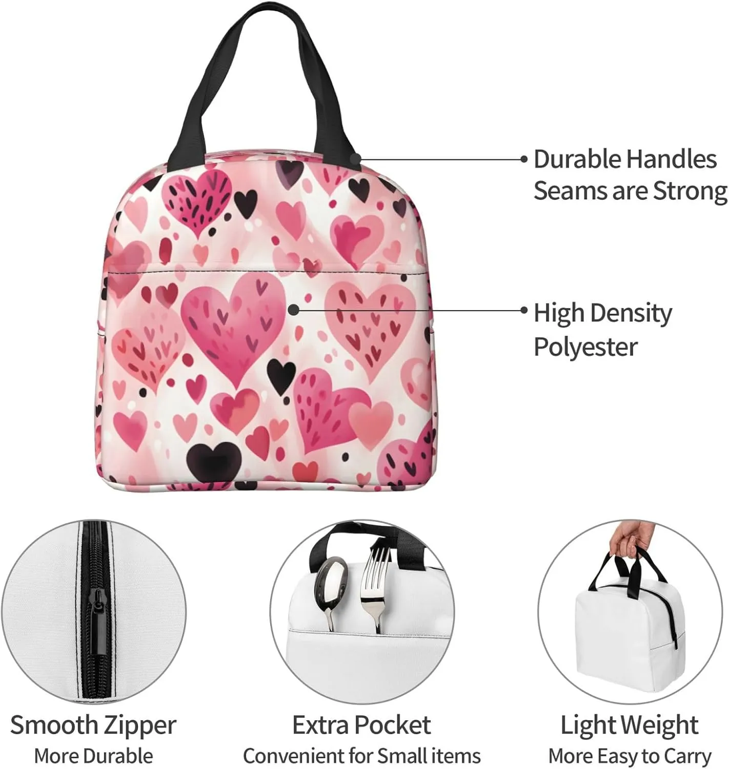 Lunch Bag for Women Men Reusable Insulated Lunch Box, Pink Heart Valentine'S Day Lover Romantic Handbags Case High Capacity for Work, Travel, Outdoor