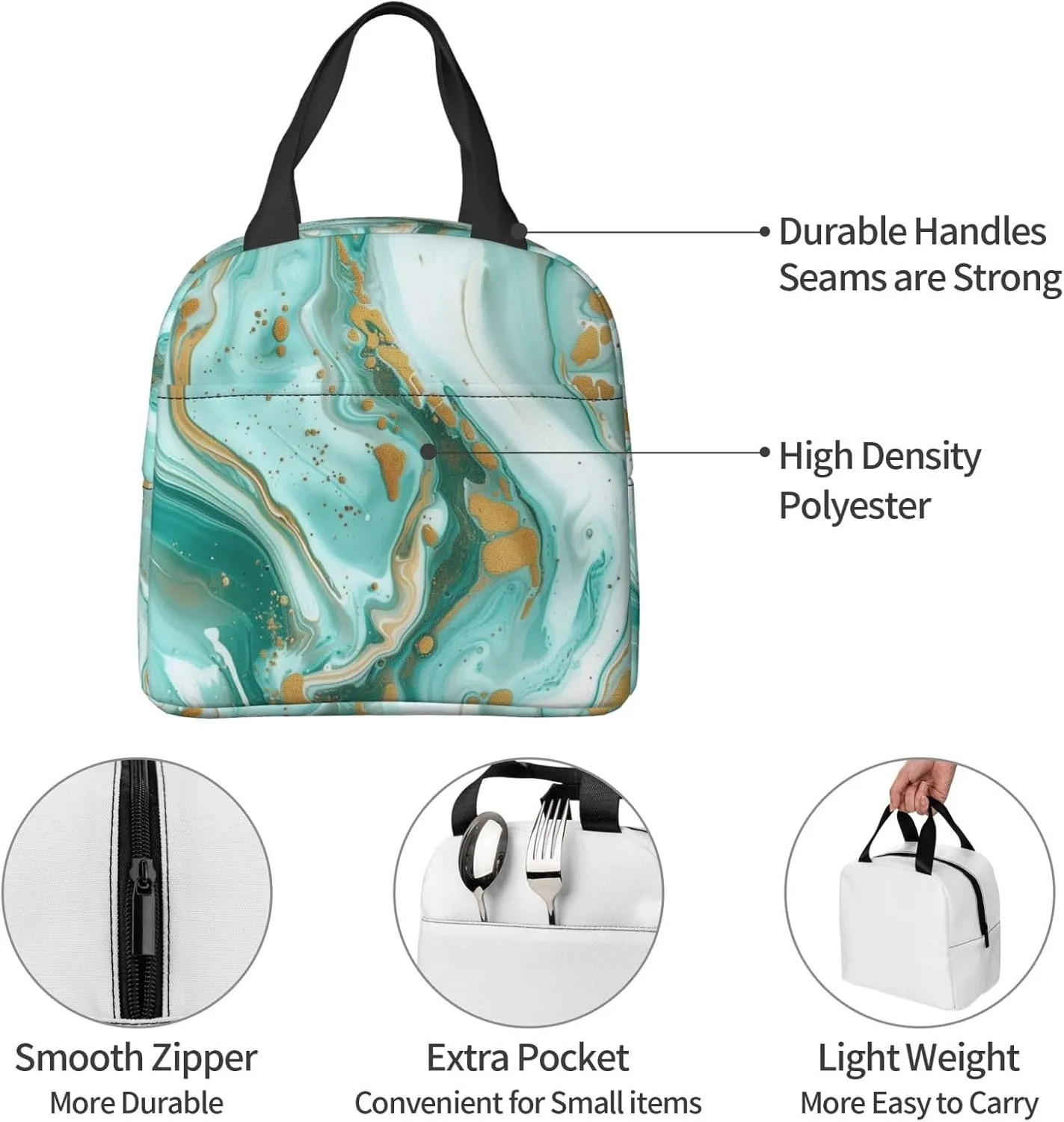 Lunch Bag for Women Men Reusable Insulated Lunch Box, Teal Aqua Marble Modern Art Abstract Handbags Case High Capacity for Work, Travel, Outdoor