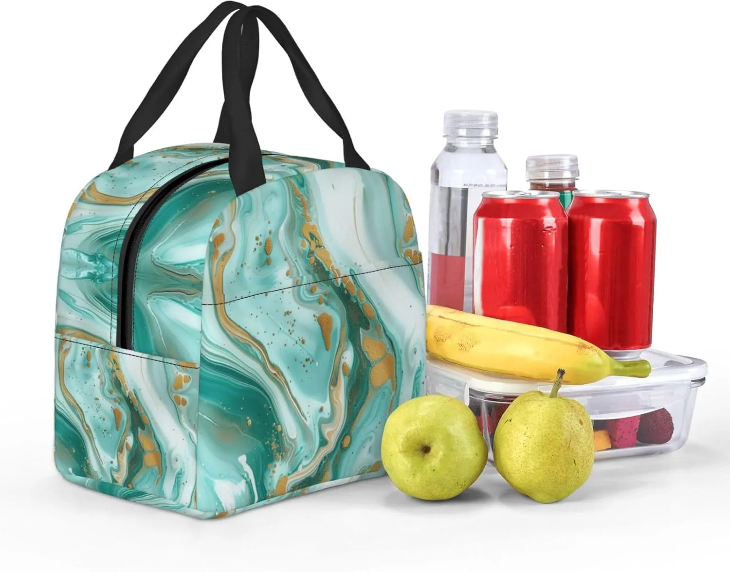 Lunch Bag for Women Men Reusable Insulated Lunch Box, Teal Aqua Marble Modern Art Abstract Handbags Case High Capacity for Work, Travel, Outdoor