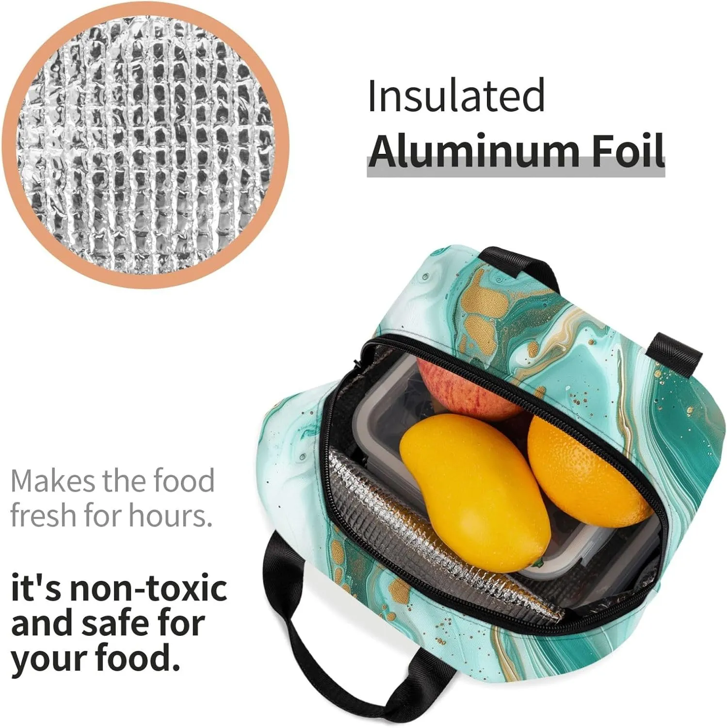 Lunch Bag for Women Men Reusable Insulated Lunch Box, Teal Aqua Marble Modern Art Abstract Handbags Case High Capacity for Work, Travel, Outdoor