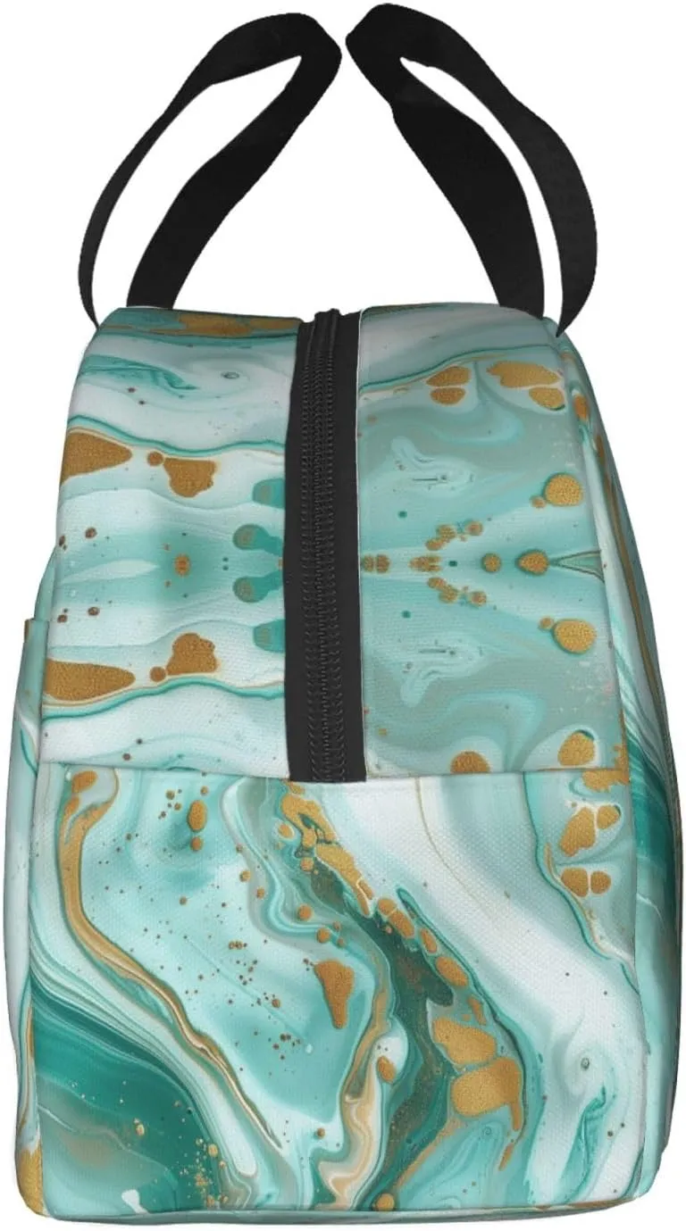 Lunch Bag for Women Men Reusable Insulated Lunch Box, Teal Aqua Marble Modern Art Abstract Handbags Case High Capacity for Work, Travel, Outdoor