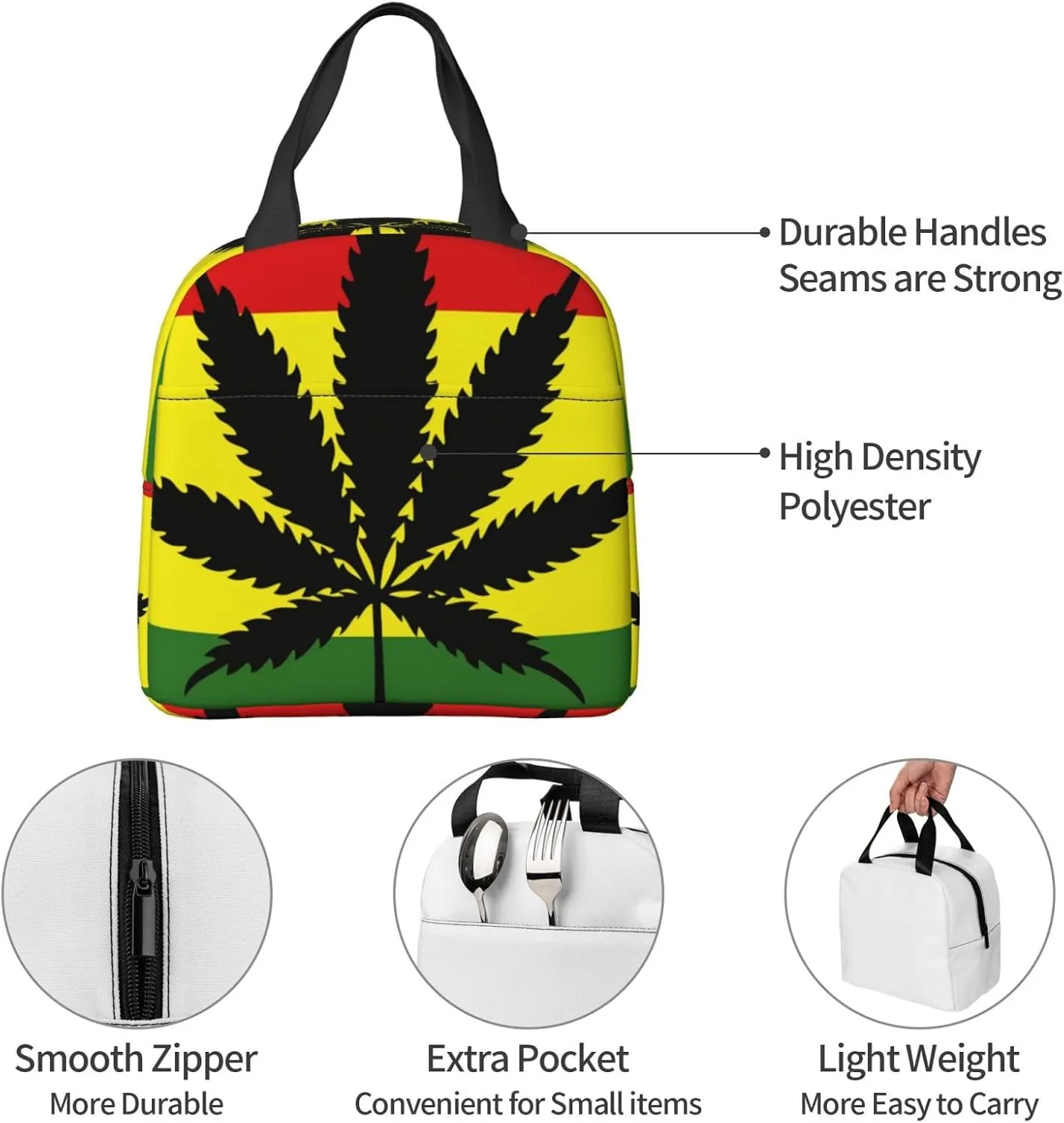Lunch Bag for Women Men Reusable Insulated Lunch Box, Tropical Leaf Botanical Red Yellow Green Background Handbags Case High Capacity for Work, Travel, Outdoor