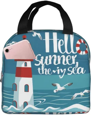 Lunch Bag for Women Men Reusable Insulated Lunch Box, Watercolors With Gull Lighthouse Nautical Theme Cartoon Like Print Handbags Case High Capacity for Work, Travel, Outdoor