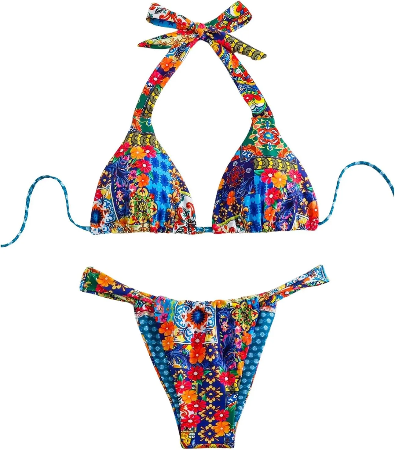 MakeMeChic Women's 2 Piece Bikini Set Floral Halter Tie Backless Thong Boho Swimsuits Bathing Suit