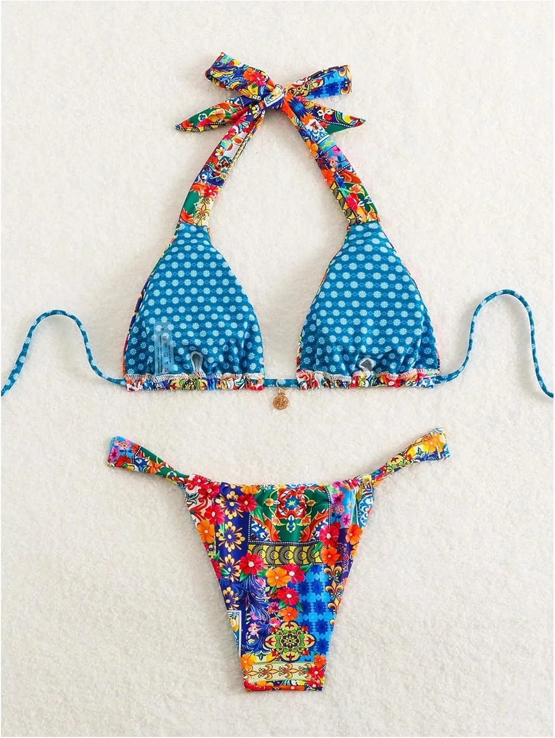 MakeMeChic Women's 2 Piece Bikini Set Floral Halter Tie Backless Thong Boho Swimsuits Bathing Suit