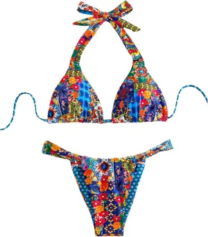 MakeMeChic Women's 2 Piece Bikini Set Floral Halter Tie Backless Thong Boho Swimsuits Bathing Suit