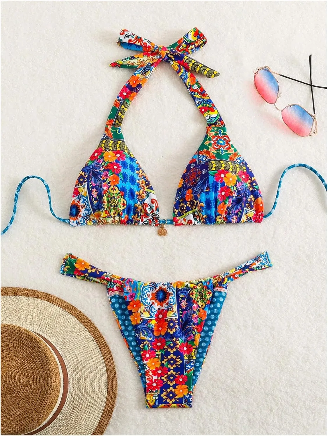 MakeMeChic Women's 2 Piece Bikini Set Floral Halter Tie Backless Thong Boho Swimsuits Bathing Suit