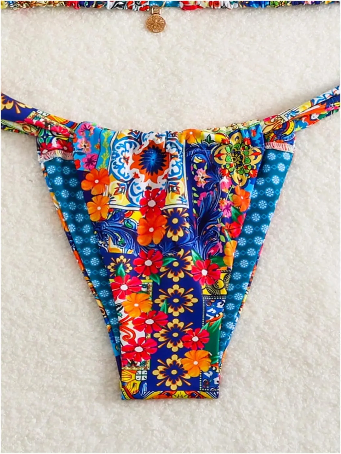 MakeMeChic Women's 2 Piece Bikini Set Floral Halter Tie Backless Thong Boho Swimsuits Bathing Suit