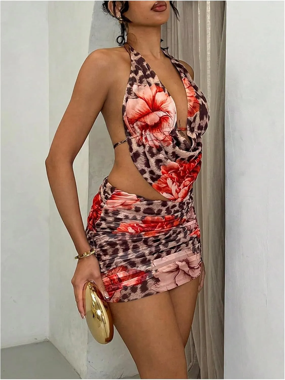 MakeMeChic Women's 2 Piece Outfit Leopard Floral Draped Front Halter Crop Tops Ruched Skirt Set