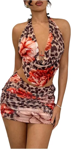 MakeMeChic Women's 2 Piece Outfit Leopard Floral Draped Front Halter Crop Tops Ruched Skirt Set