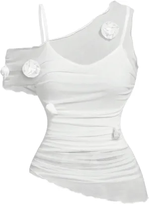 MakeMeChic Women's 3D Floral Asymmetrical Neck Tank Cami Top Ruched Mesh Sheer Summer Shirt