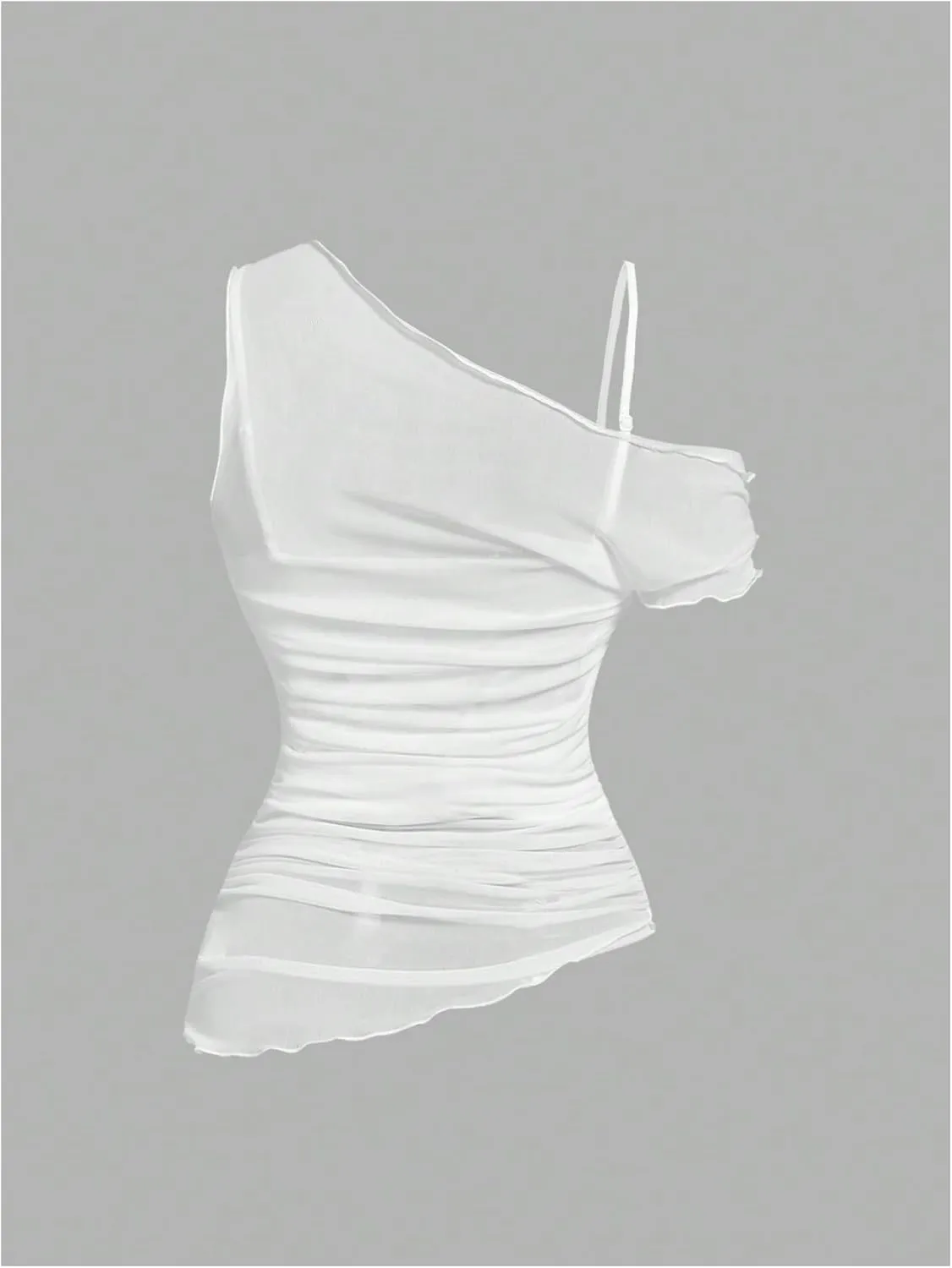 MakeMeChic Women's 3D Floral Asymmetrical Neck Tank Cami Top Ruched Mesh Sheer Summer Shirt
