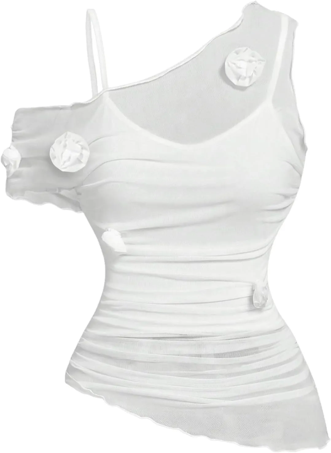 MakeMeChic Women's 3D Floral Asymmetrical Neck Tank Cami Top Ruched Mesh Sheer Summer Shirt