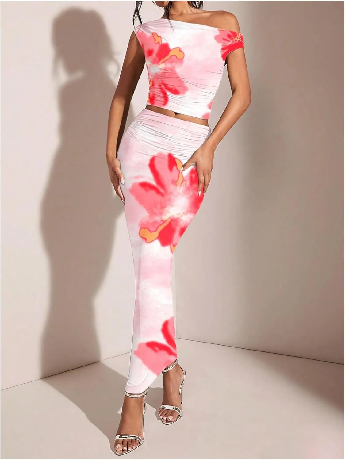 MakeMeChic Women's Boho 2 Piece Outfits Floral Print Asymmetrical Neck Crop Top and Bodycon Maxi Skirt Set
