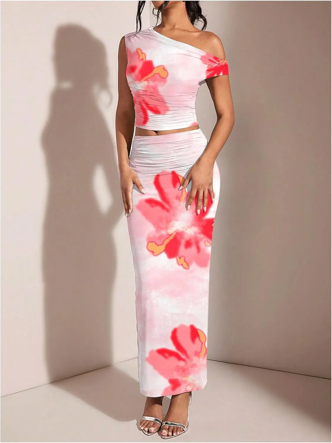 MakeMeChic Women's Boho 2 Piece Outfits Floral Print Asymmetrical Neck Crop Top and Bodycon Maxi Skirt Set