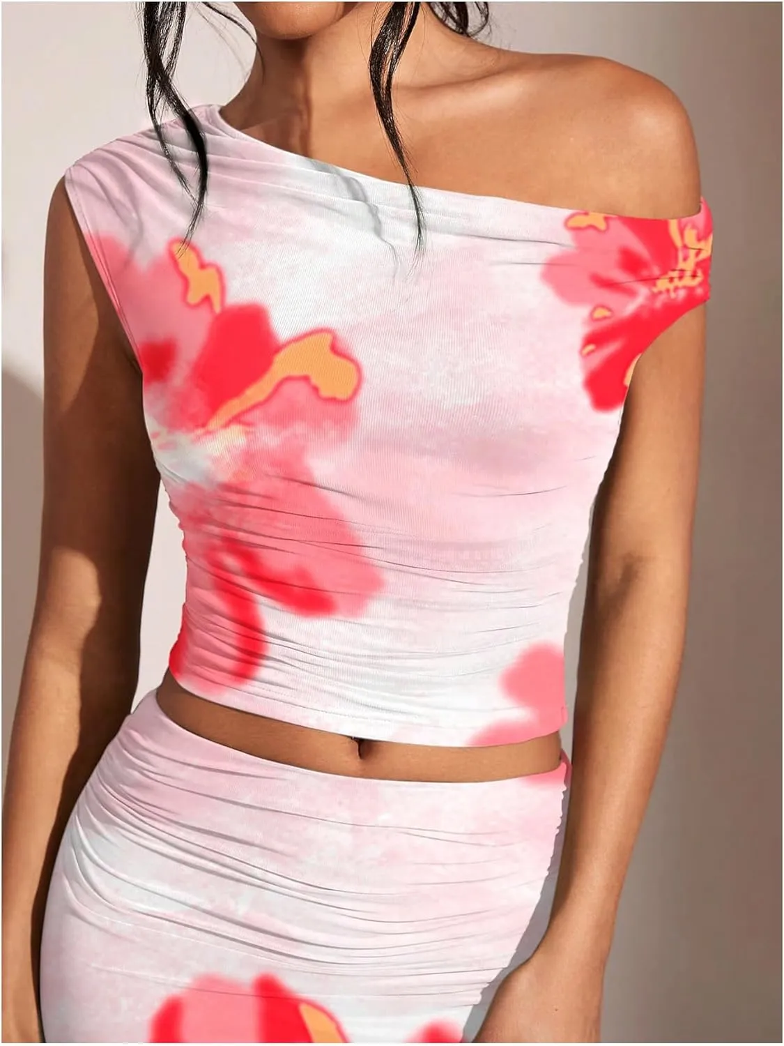 MakeMeChic Women's Boho 2 Piece Outfits Floral Print Asymmetrical Neck Crop Top and Bodycon Maxi Skirt Set