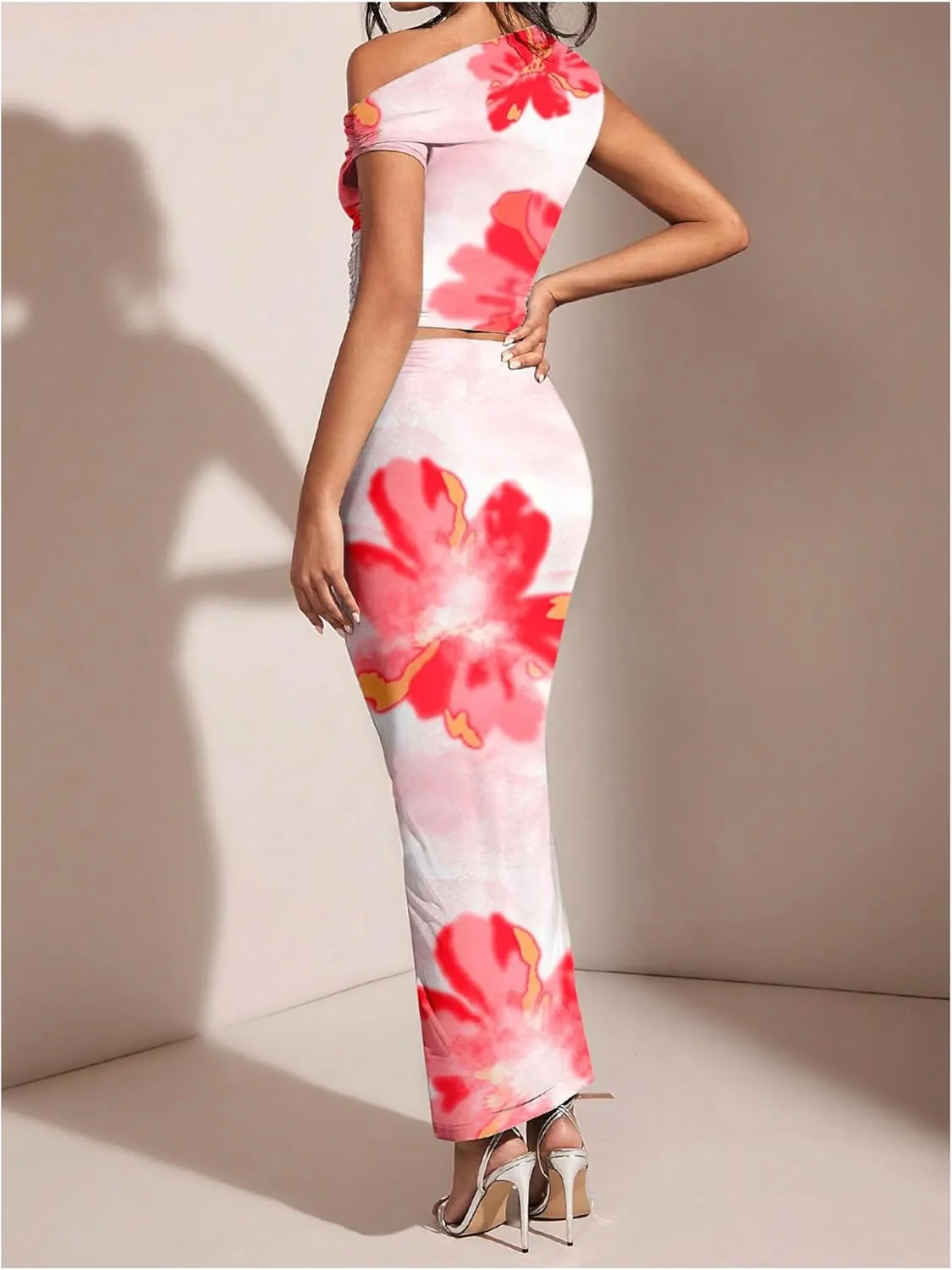 MakeMeChic Women's Boho 2 Piece Outfits Floral Print Asymmetrical Neck Crop Top and Bodycon Maxi Skirt Set