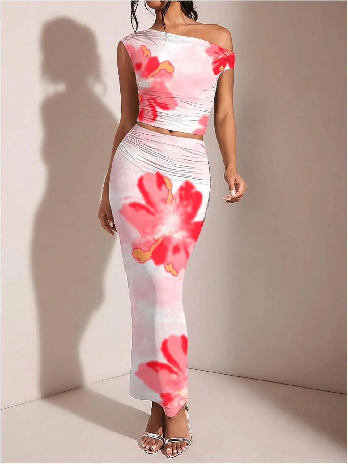MakeMeChic Women's Boho 2 Piece Outfits Floral Print Asymmetrical Neck Crop Top and Bodycon Maxi Skirt Set