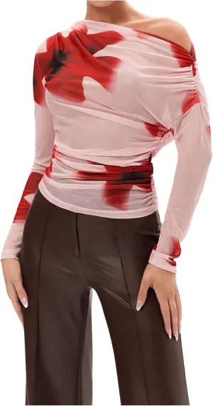 MakeMeChic Women's Floral Print Asymmetrical Neck Tee Shirt Long Sleeve Ruched Mesh Top