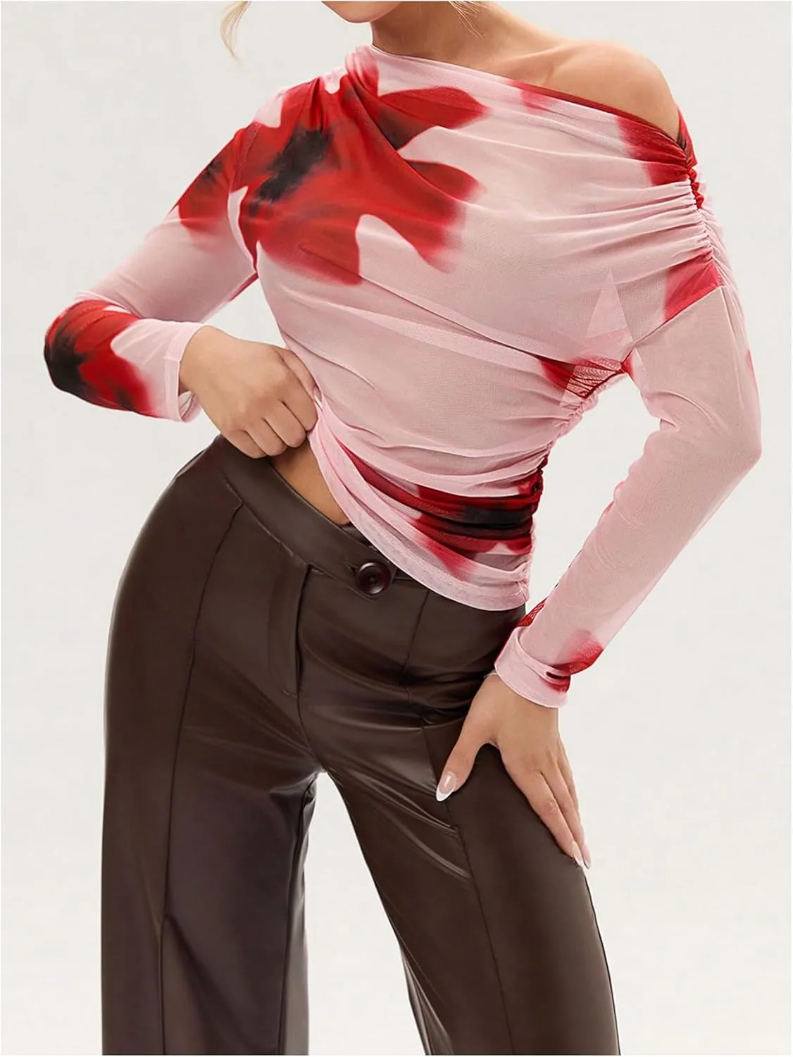 MakeMeChic Women's Floral Print Asymmetrical Neck Tee Shirt Long Sleeve Ruched Mesh Top