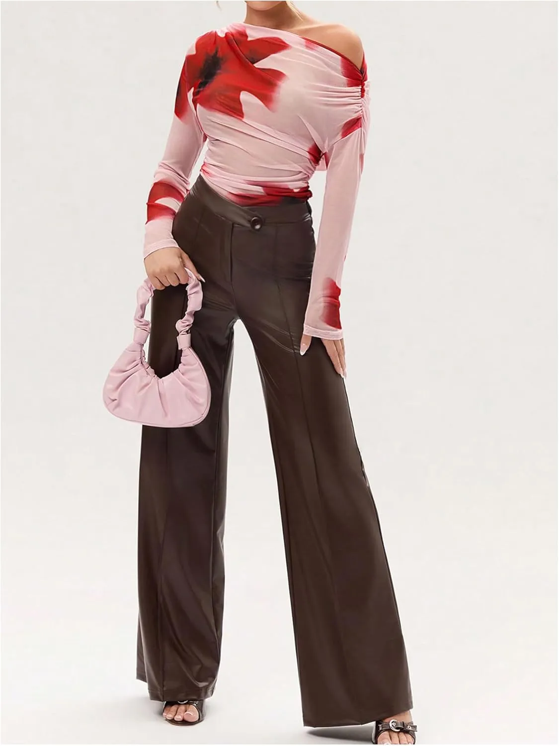 MakeMeChic Women's Floral Print Asymmetrical Neck Tee Shirt Long Sleeve Ruched Mesh Top