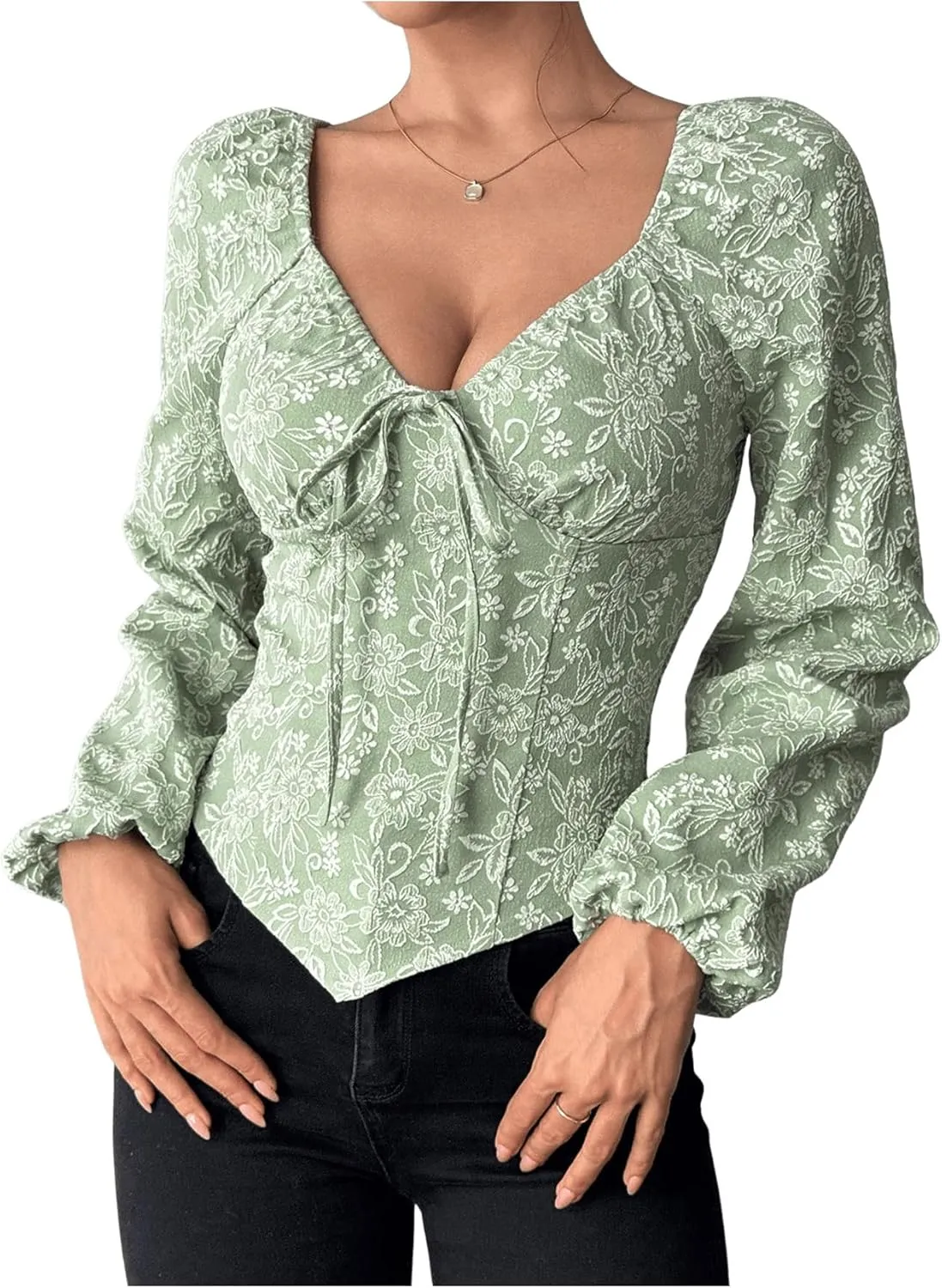 MakeMeChic Women's Floral Sweetheart Long Sleeve Blouse Asymmetrical Shirred Blouses Tops