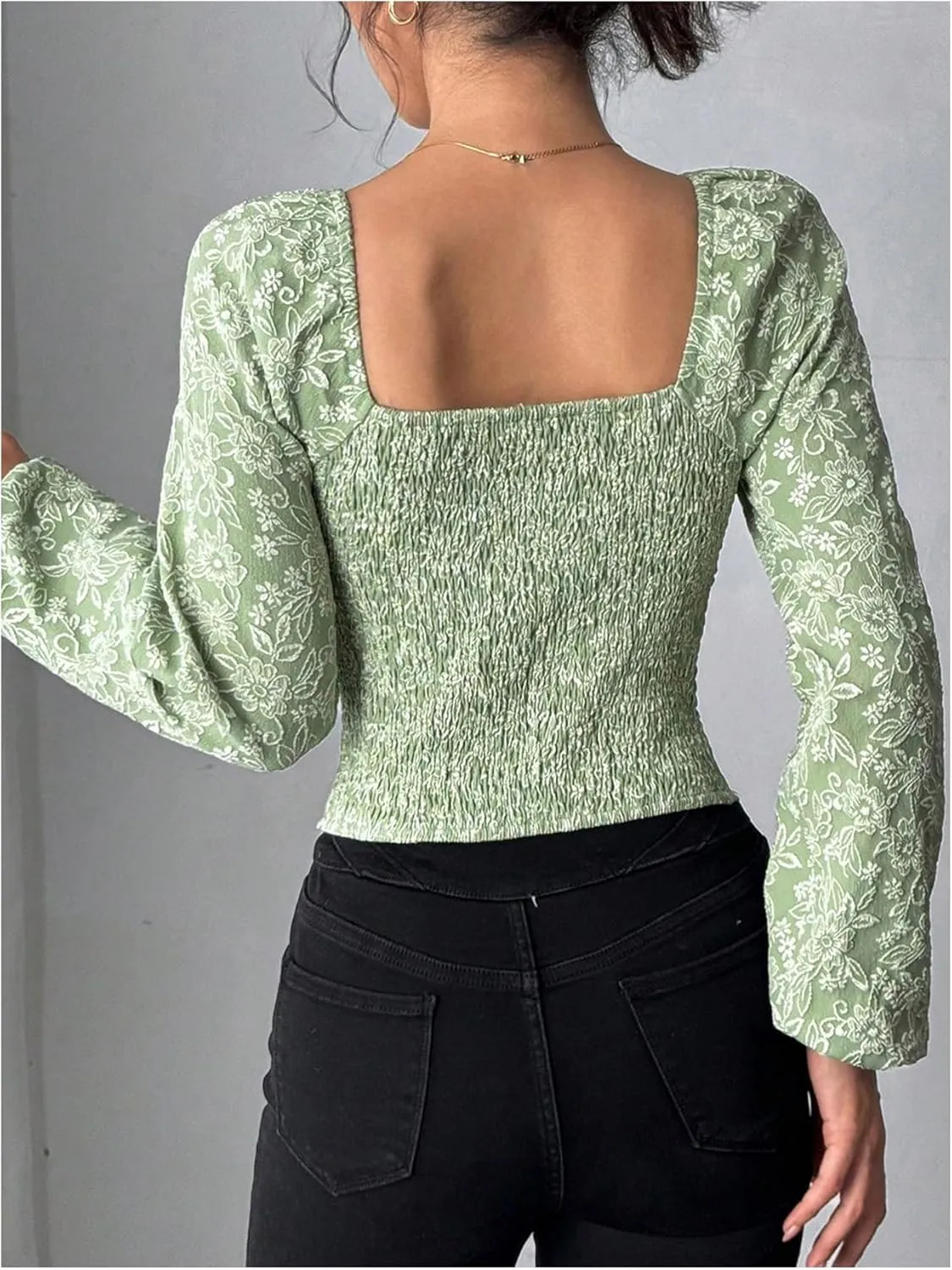 MakeMeChic Women's Floral Sweetheart Long Sleeve Blouse Asymmetrical Shirred Blouses Tops