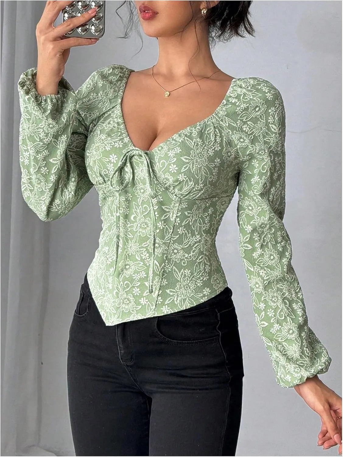 MakeMeChic Women's Floral Sweetheart Long Sleeve Blouse Asymmetrical Shirred Blouses Tops