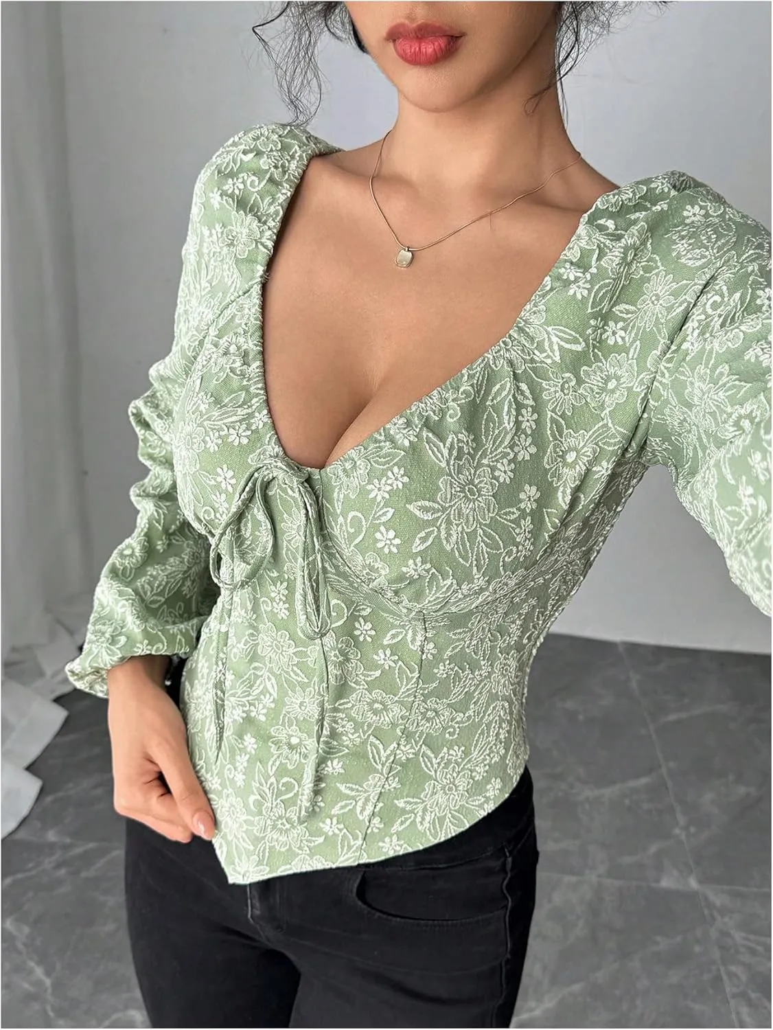 MakeMeChic Women's Floral Sweetheart Long Sleeve Blouse Asymmetrical Shirred Blouses Tops