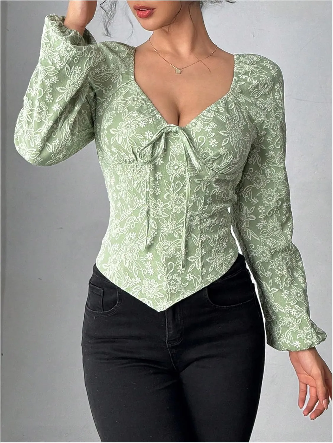 MakeMeChic Women's Floral Sweetheart Long Sleeve Blouse Asymmetrical Shirred Blouses Tops