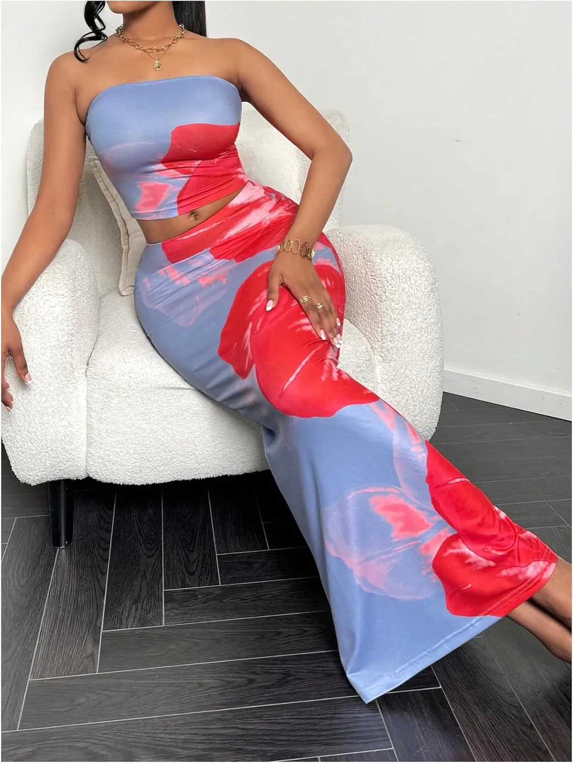 MakeMeChic Women's Two Piece Outfit Floral Strapless Bandeau Crop Tops and Bodycon Maxi Skirt Set