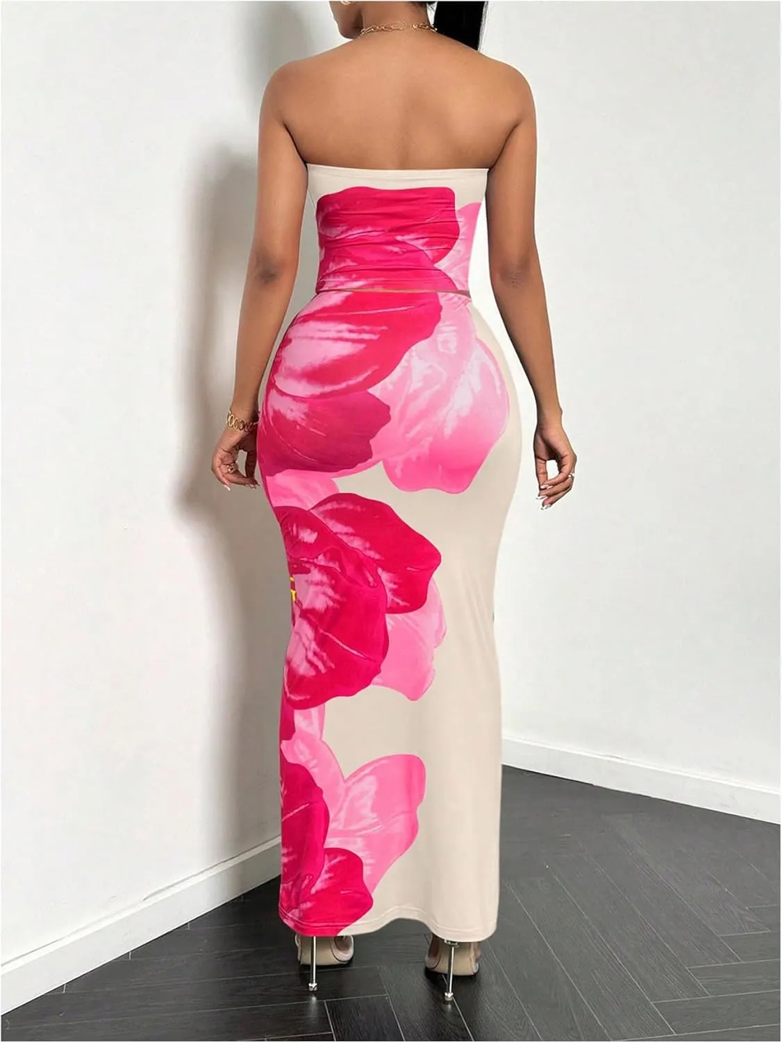 MakeMeChic Women's Two Piece Outfit Floral Strapless Bandeau Crop Tops and Bodycon Maxi Skirt Set