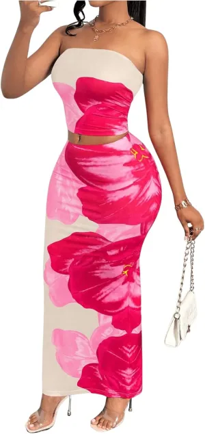MakeMeChic Women's Two Piece Outfit Floral Strapless Bandeau Crop Tops and Bodycon Maxi Skirt Set