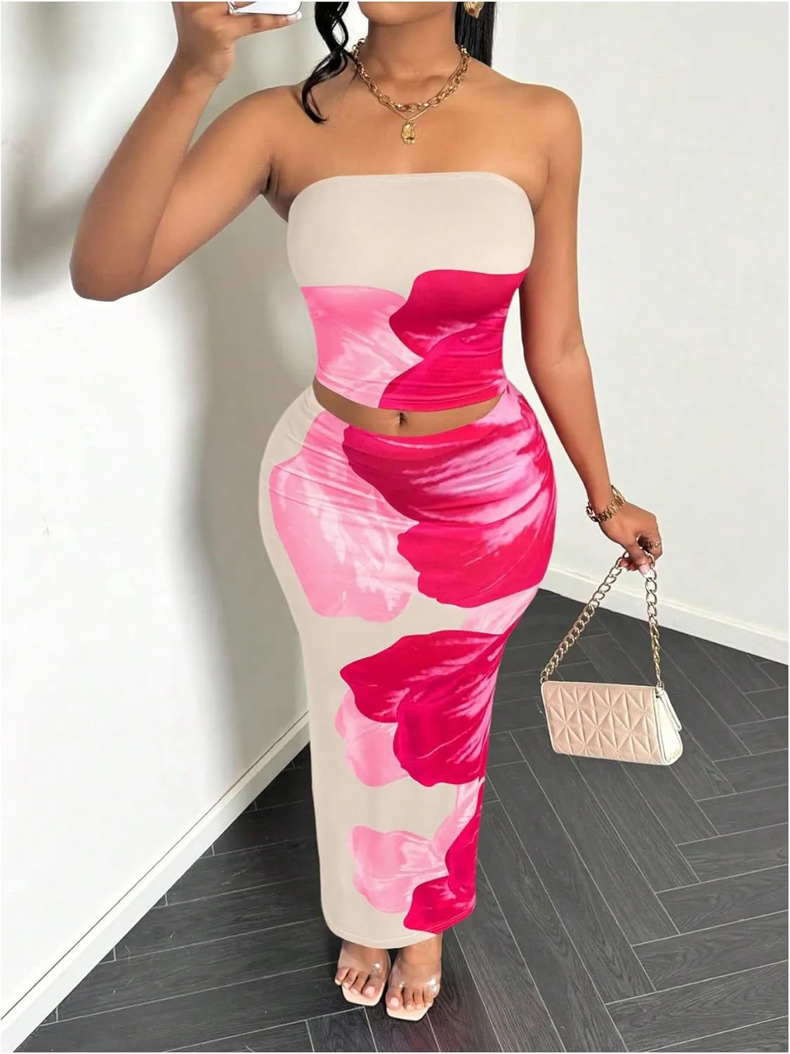 MakeMeChic Women's Two Piece Outfit Floral Strapless Bandeau Crop Tops and Bodycon Maxi Skirt Set