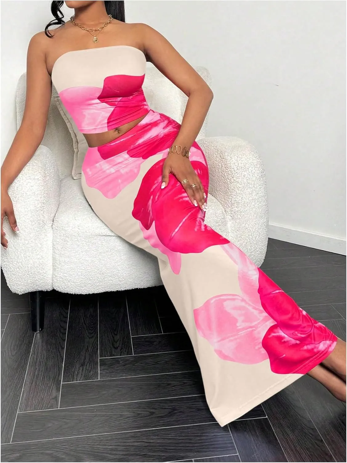 MakeMeChic Women's Two Piece Outfit Floral Strapless Bandeau Crop Tops and Bodycon Maxi Skirt Set