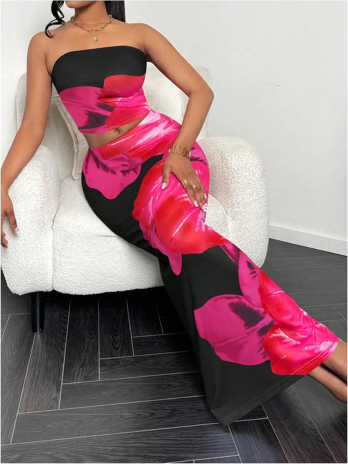 MakeMeChic Women's Two Piece Outfit Floral Strapless Bandeau Crop Tops and Bodycon Maxi Skirt Set