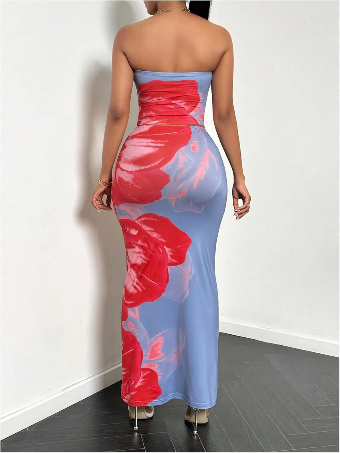 MakeMeChic Women's Two Piece Outfit Floral Strapless Bandeau Crop Tops and Bodycon Maxi Skirt Set